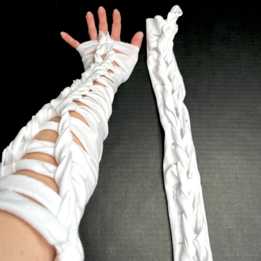 White Corset Arm Warmers Lace Up Gloves Cotton Armwarmers Cut Out Cyber Goth Psy